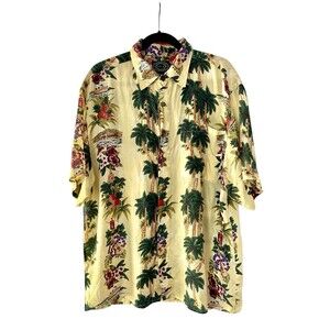 Vintage Hawaiian Silk Company Mens 100% Silk Shirt Size L Yellow Aloha Luau Vaca